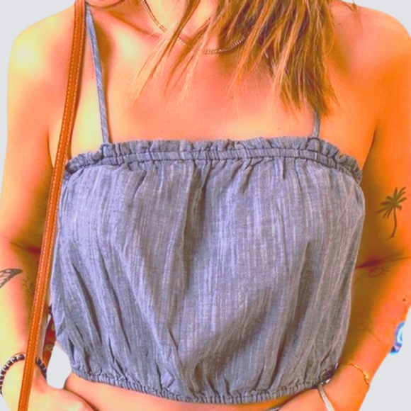 Aerie Chambray Cotton Ruffle Crop Top Size Medium - Picture 1 of 4